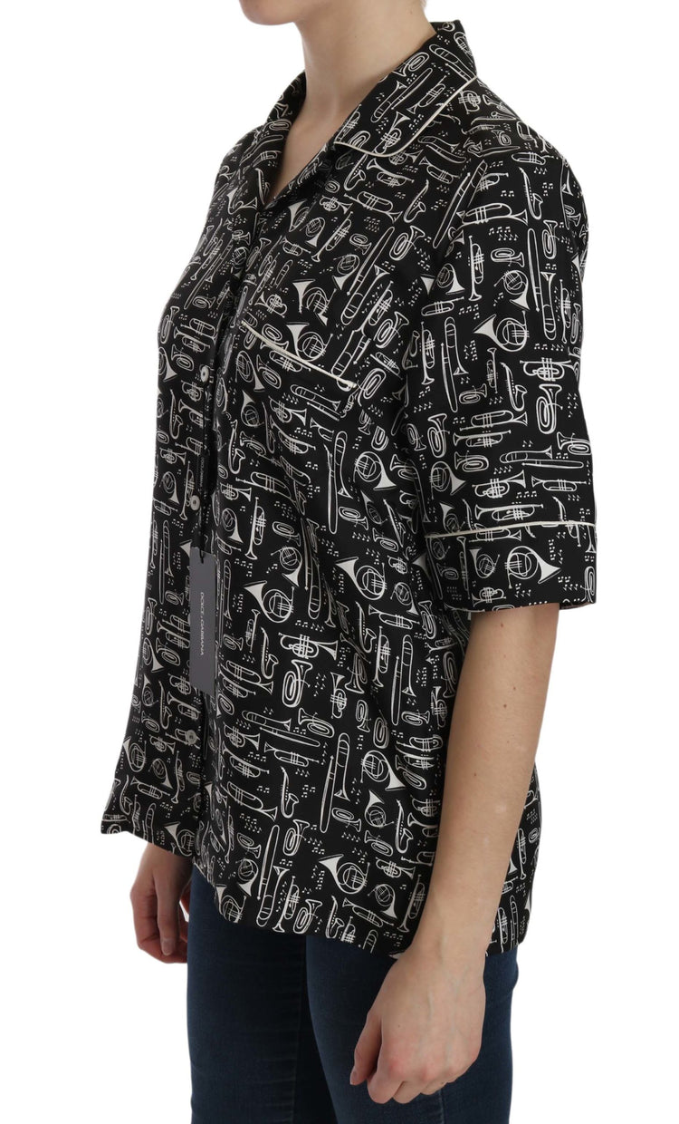 Black Musical Instrument Print Silk Top