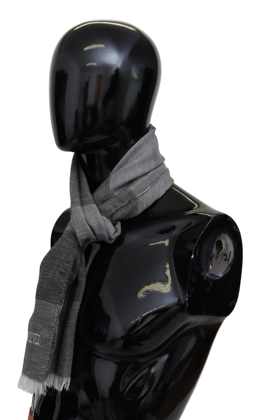 Gray Striped Wool Unisex Neck Wrap Fringes Scarf