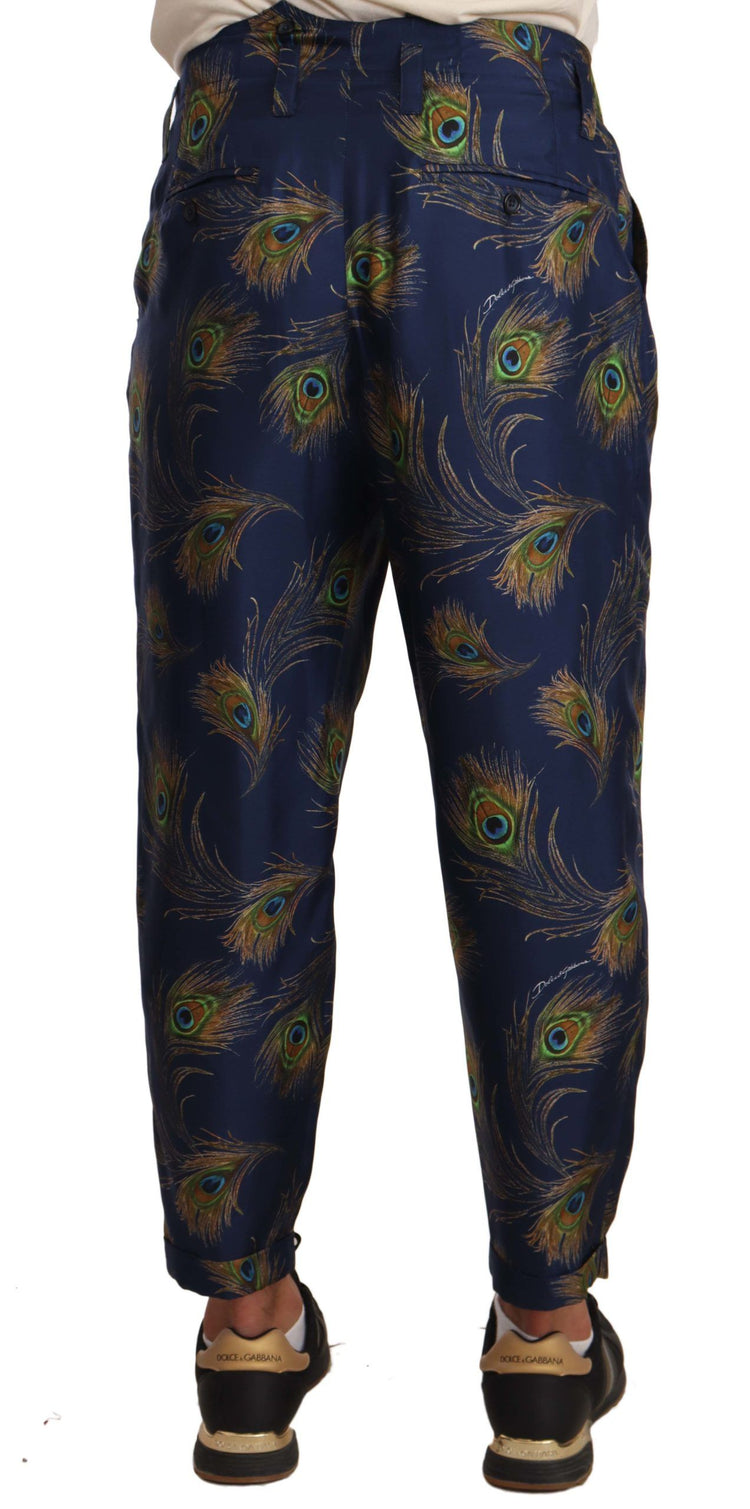 Blue Peacock Print Tapered Trousers Silk Pants