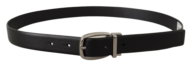 Black Leather Silver Metal Chrome Logo Buckle Belt