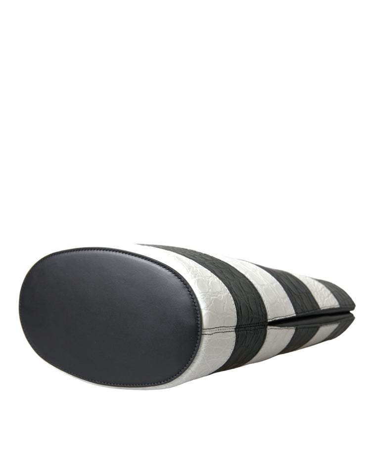 Black White Striped Exotic Skin Leather Maxi Bucket Tote Bag