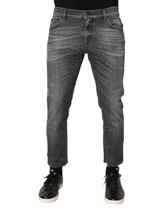 Grey Cotton Denim Slim Fit Distressed Pants Jeans