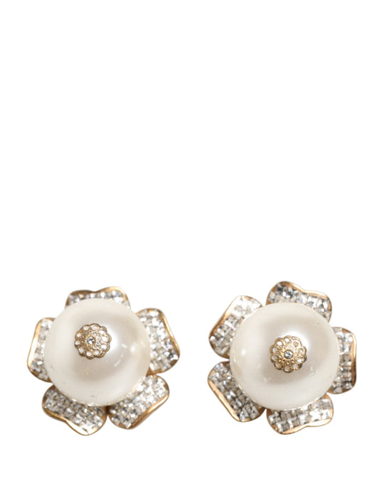 Gold Tone Maxi Faux Pearl Floral Clip-on Jewelry Earrings