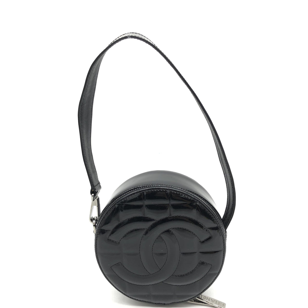 Black Patent Quilted CC Circle Mini Bag