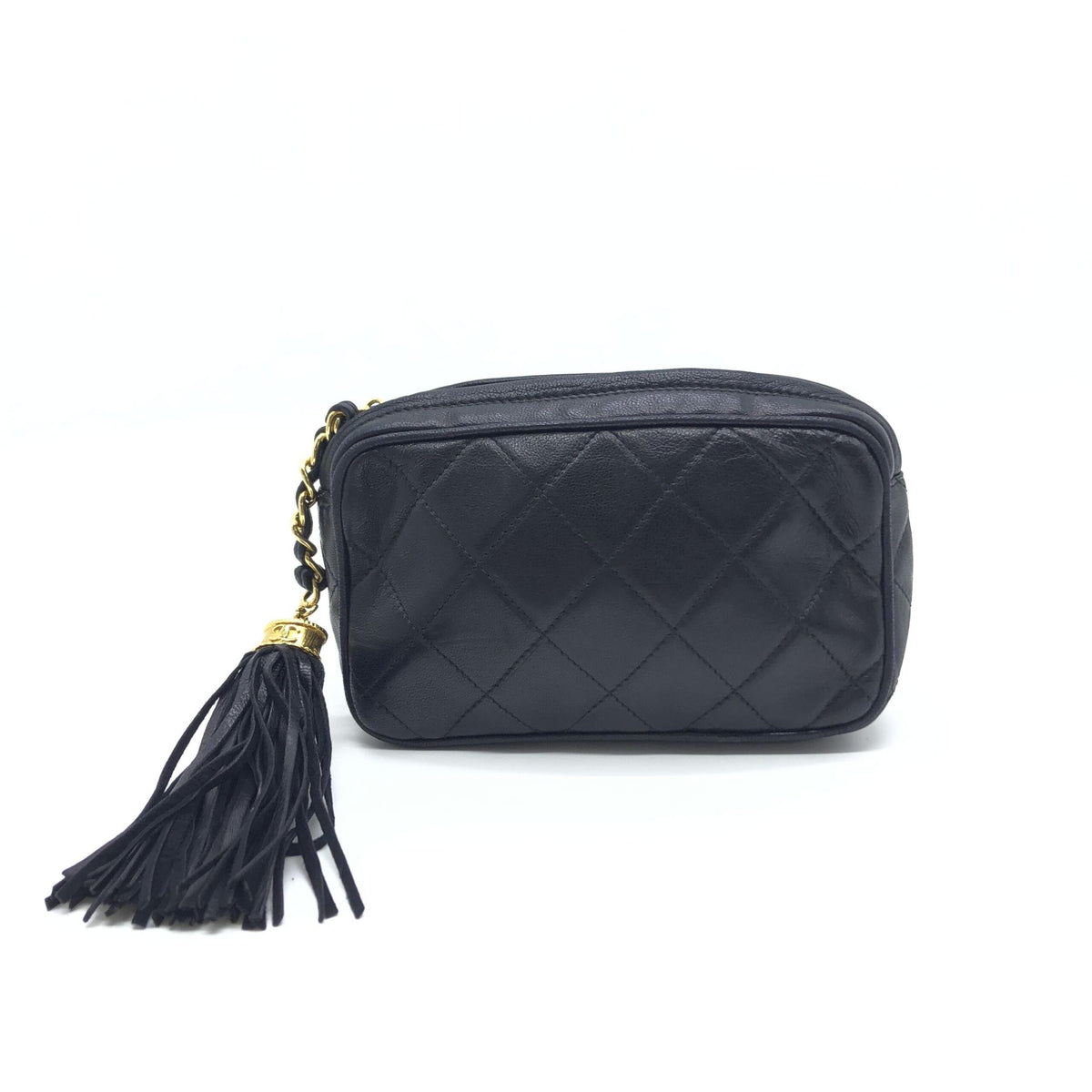 Black Quilted Leather Pouch With Tassels