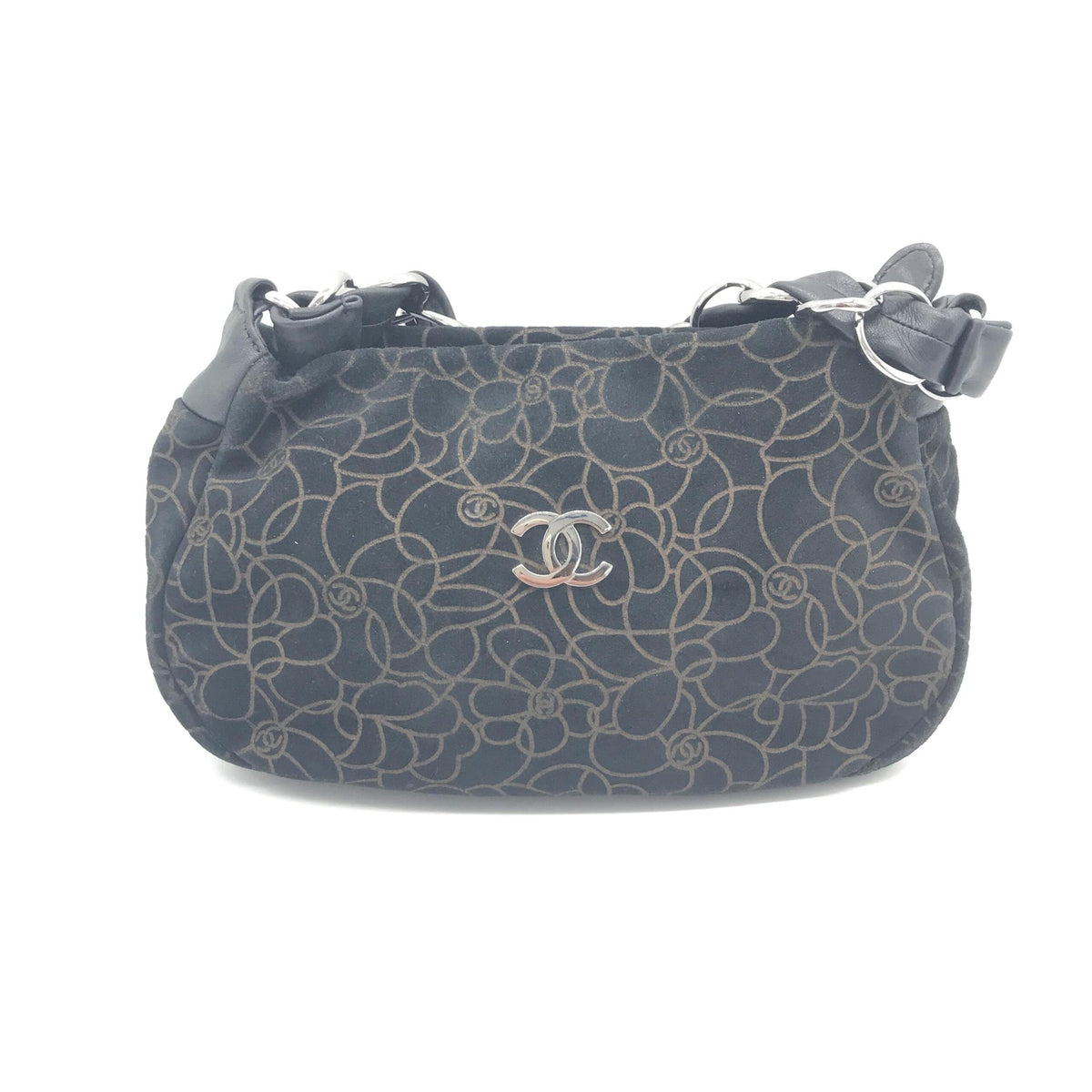 Camellia Chain Black Suede Shoulder Bag With Logo