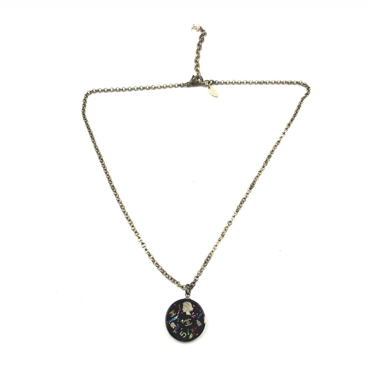 Coco Mark Mademoiselle Camellia Flower Round Hologram Black Necklace