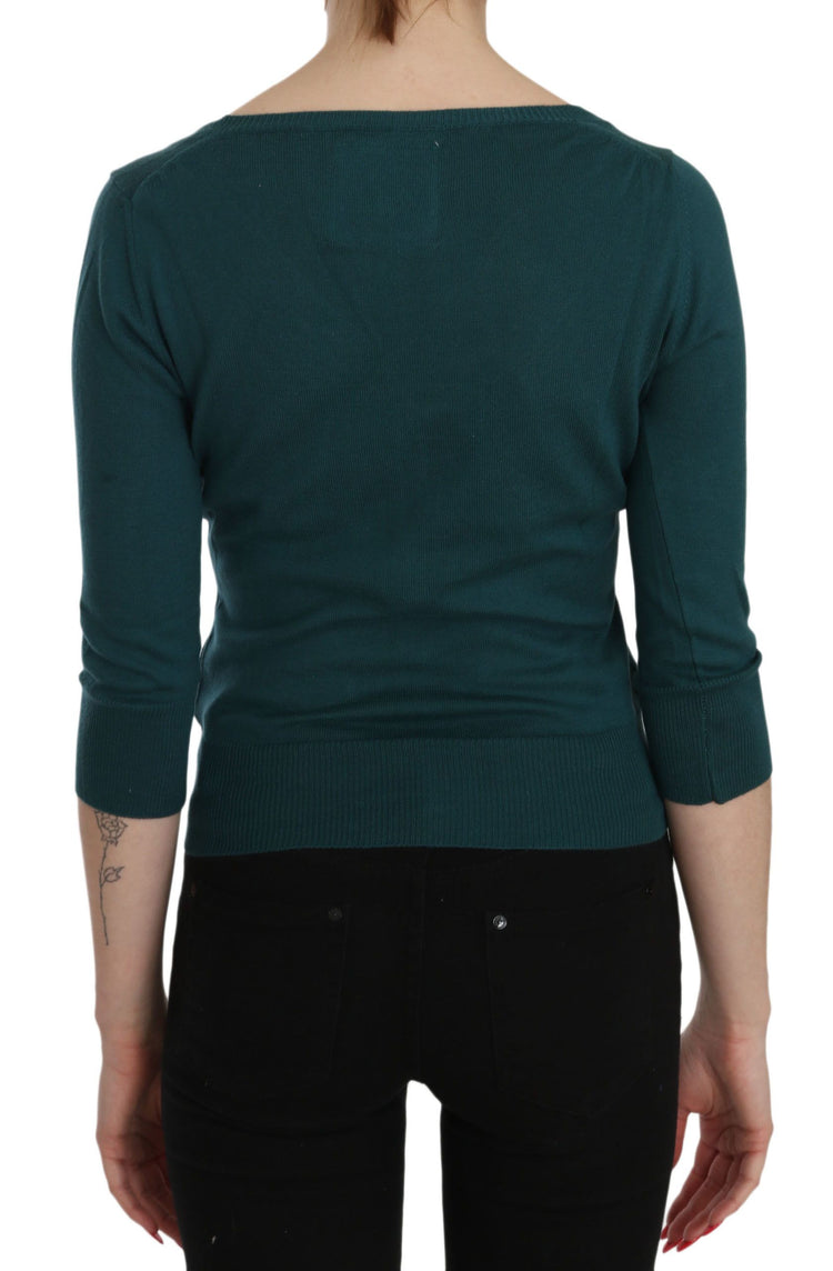 Blue Green Cotton 3/4 Sleeve Cardigan Top Blouse