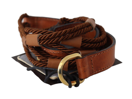 Brown Leather Braided Rope Gold Buckle Belt