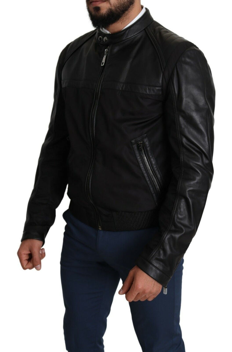 Black Nylon Full Zip Men Bomber Coat Jacket