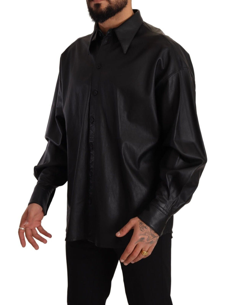 Black Leather Button Down Men Collared Jacket
