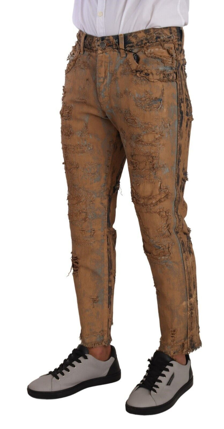 Brown Distressed Cotton Regular Denim Jeans