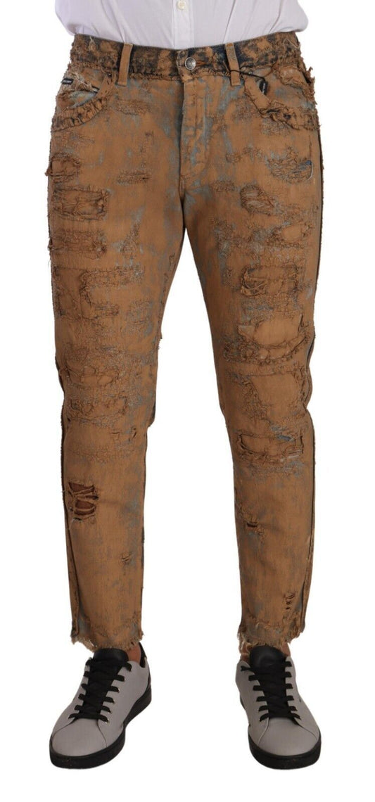 Brown Distressed Cotton Regular Denim Jeans