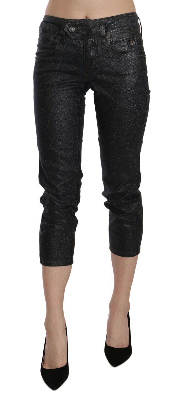 Black Washed Mid Waist Slim Leg Cropped Denim Pants