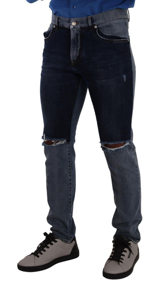 Blue Two Tone Tattered Cotton Slim Denim Jeans