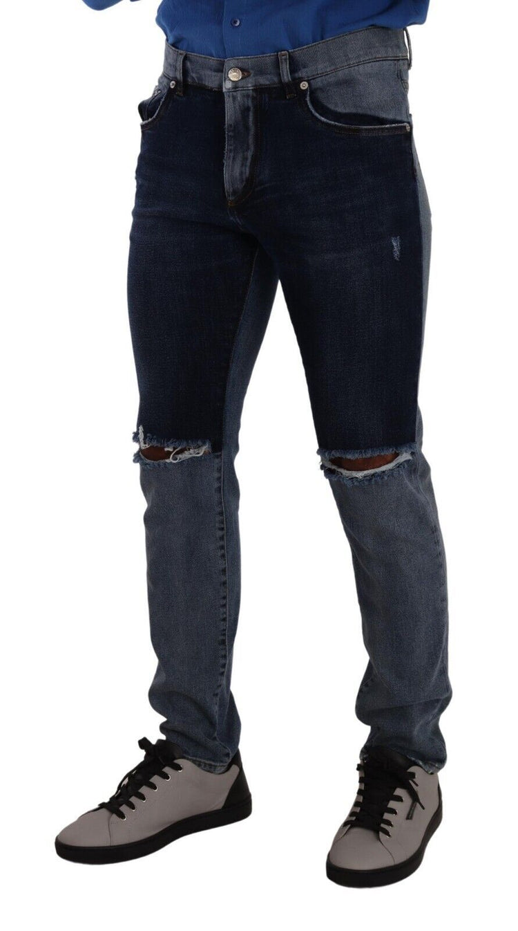Blue Two Tone Tattered Cotton Slim Denim Jeans