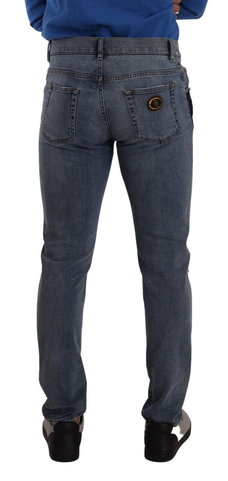 Blue Two Tone Tattered Cotton Slim Denim Jeans