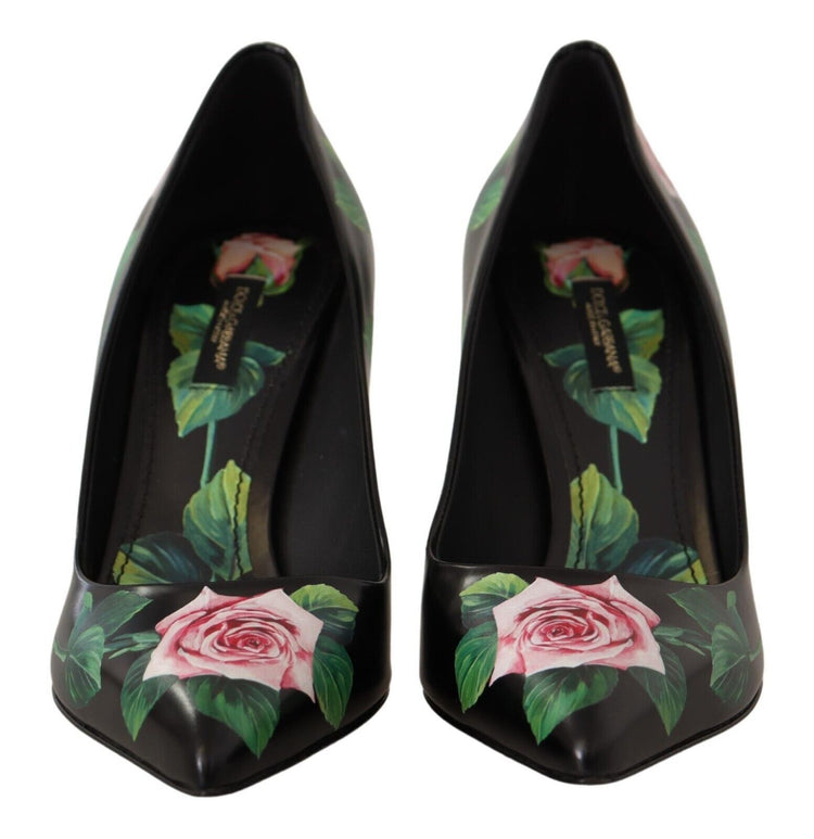 Black Leather Roses High Heels Pumps Shoes