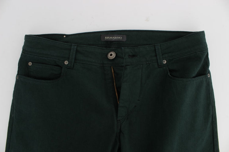 Green Cotton Denim Stretch Straight Fit Jeans