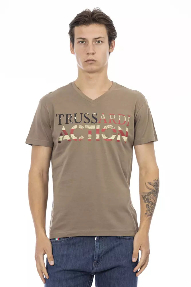 Brown Cotton Men's V-Neck T-Shirt