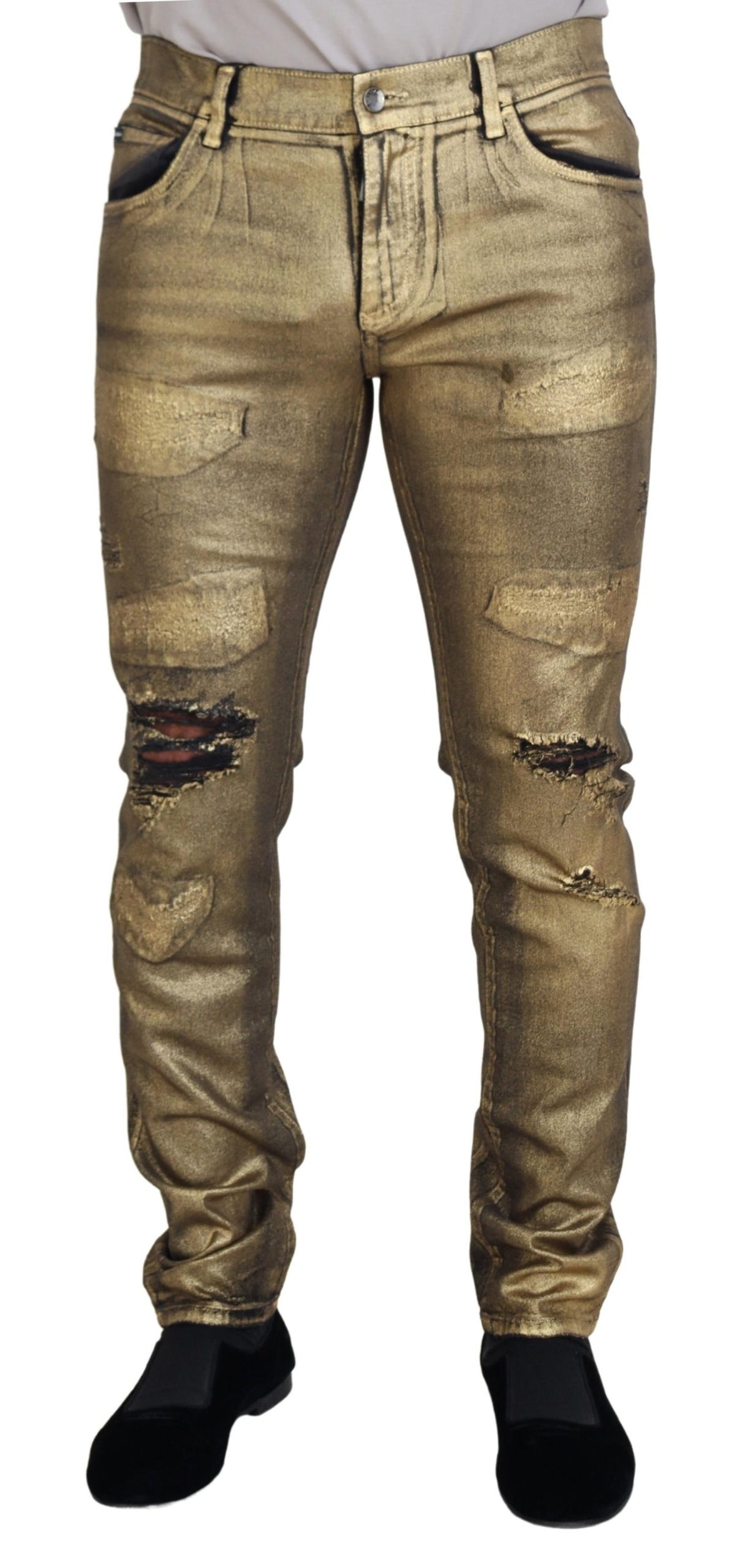 Gold Cotton Tattered Skinny Men Denim Jeans