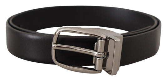 Black Leather Silver Metal Chrome Logo Buckle Belt