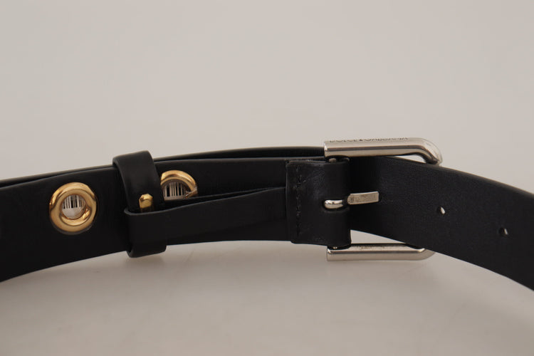 Black Leather Eyelet Silver Tone Metal Buckle Belt