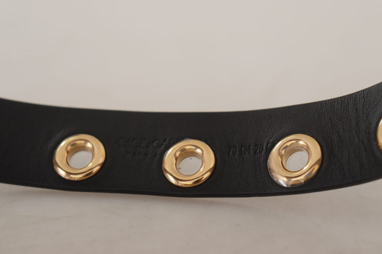 Black Leather Eyelet Silver Tone Metal Buckle Belt