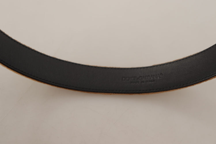 Brown Velvet Bronze Vintage Logo Metal Buckle Belt