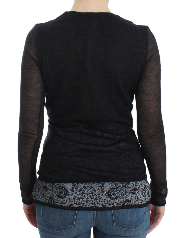 Black Wool Blend Stretch Long Sleeve Sweater