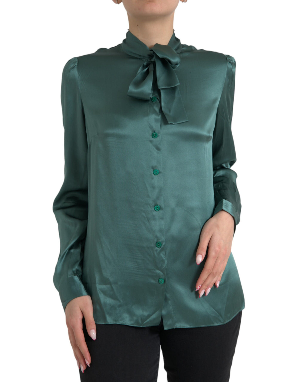 Dark Green Silk Ascot Collar Blouse Top