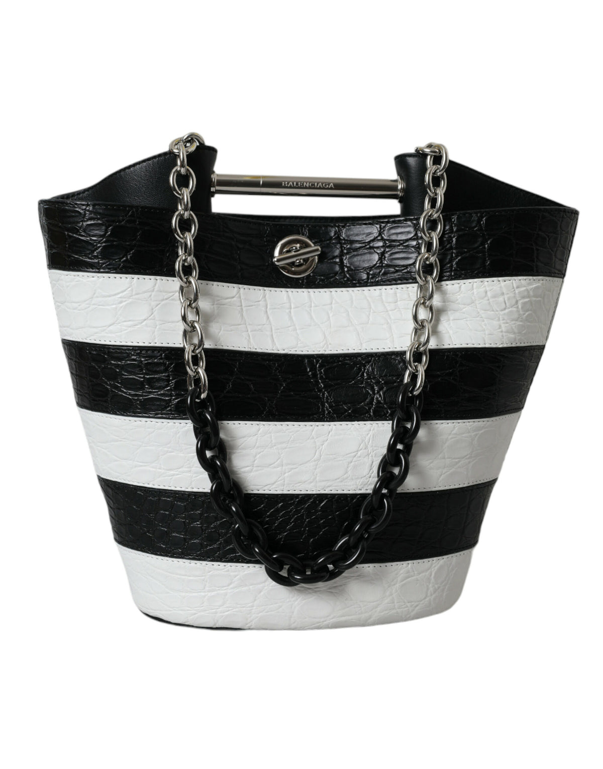 Black White Striped Exotic Skin Leather Maxi Bucket Tote Bag
