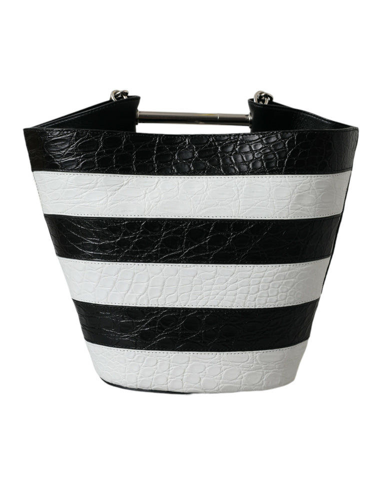 Black White Striped Exotic Skin Leather Maxi Bucket Tote Bag
