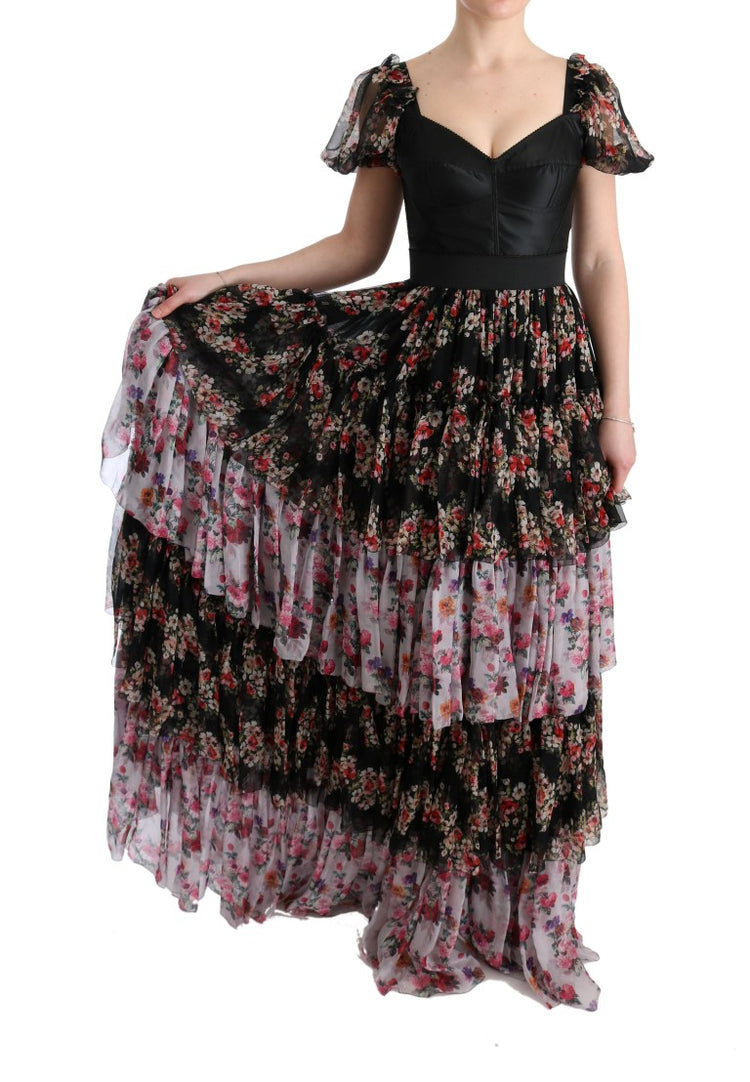 Multicolor Silk Stretch Floral Shift Long Dress
