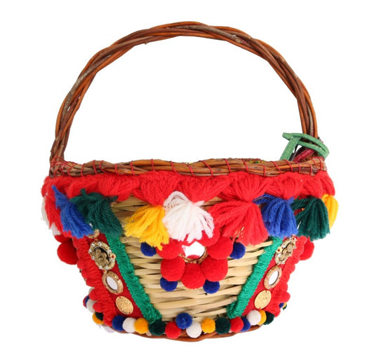 Multicolor AGNESE Straw Crystal Pom Pom Bag