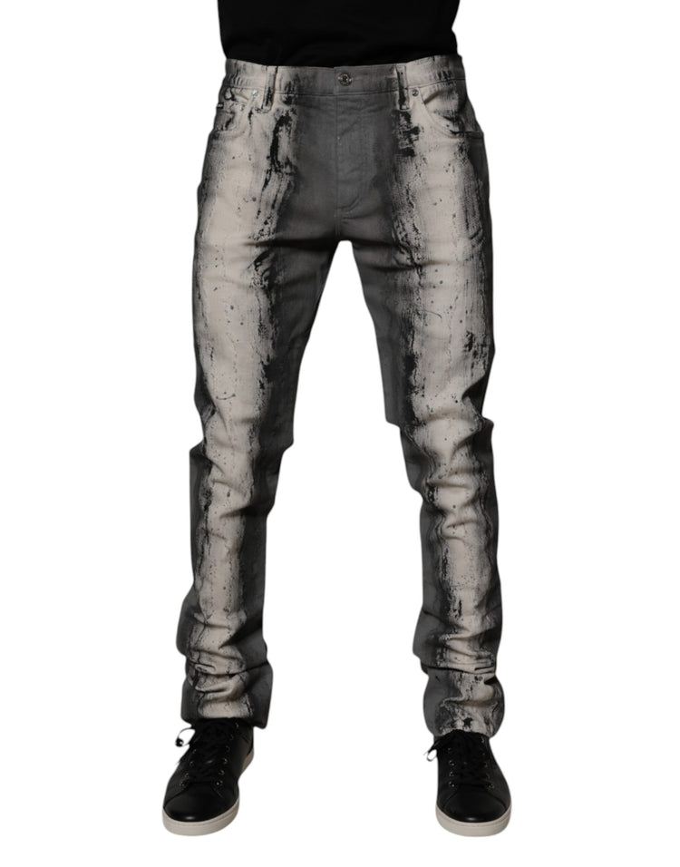 Gray Tie Dye Cotton Skinny Men Denim Jeans
