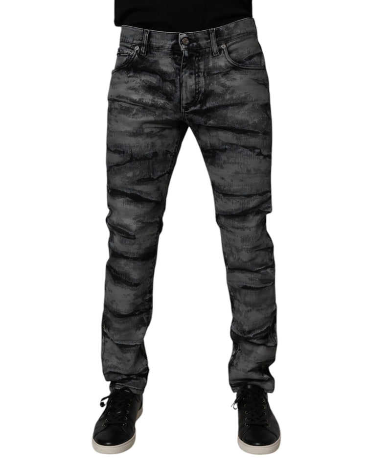 Gray Tie Dye Cotton Skinny Men Denim Jeans