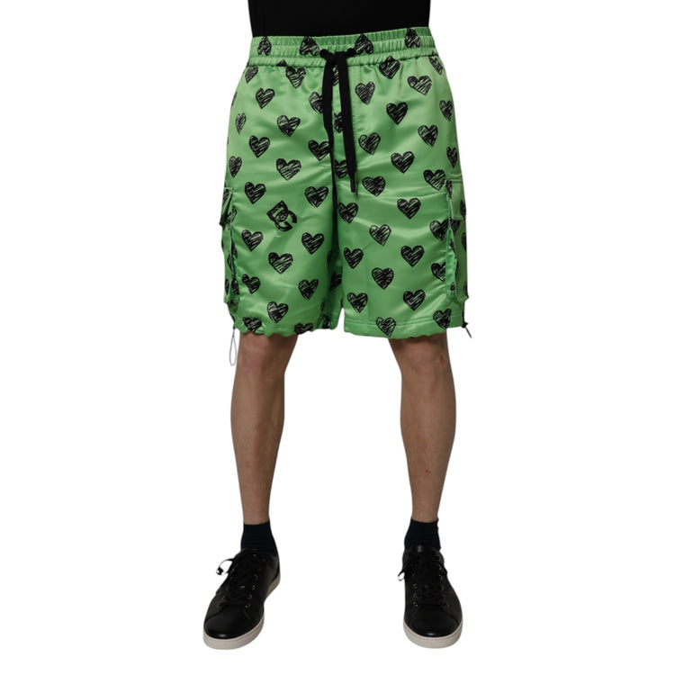 Green Heart Print Cargo Men Bermuda Shorts