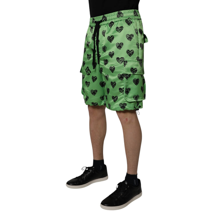 Green Heart Print Cargo Men Bermuda Shorts