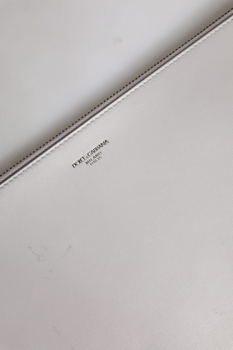 Gray Solid Leather DG Logo Men Clutch Zip Pouch Bag