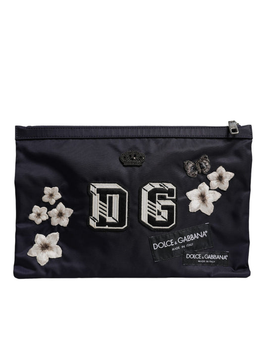 Blue DG Logo Patch Embellished Pouch Clutch Bag