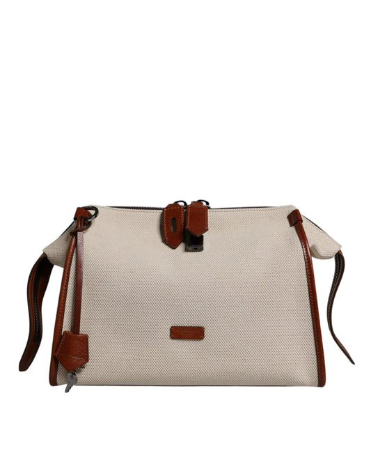 Beige Brown Cotton Leather Duffle Shoulder Bag