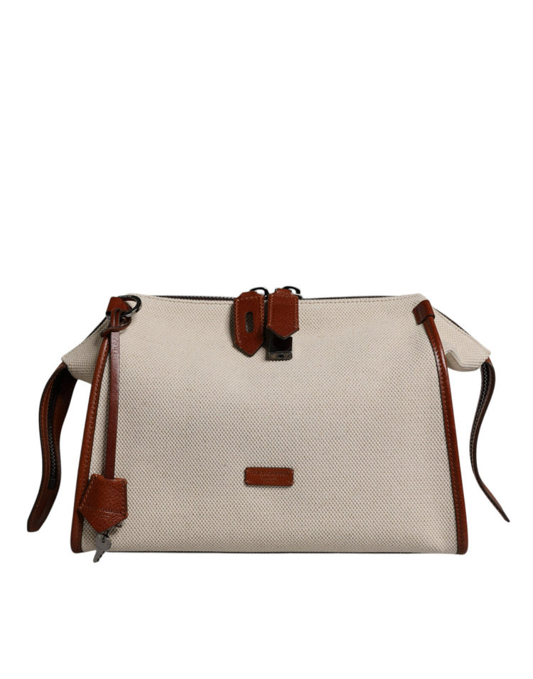 Beige Brown Cotton Leather Duffle Shoulder Bag