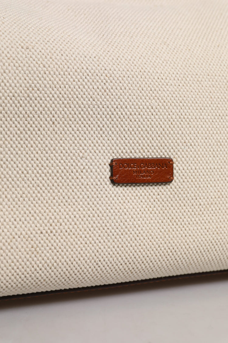 Beige Brown Cotton Leather Duffle Shoulder Bag