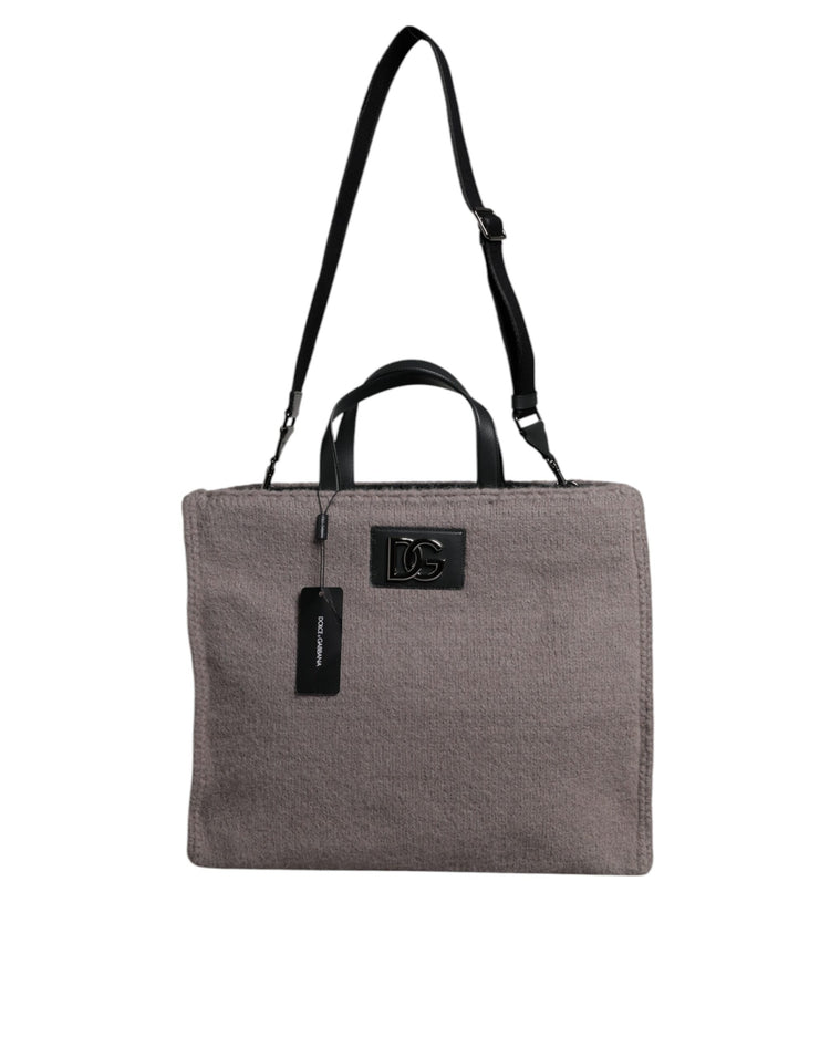 Grey Alpaca Wool Logo Plaque Tote Shoulder Bag