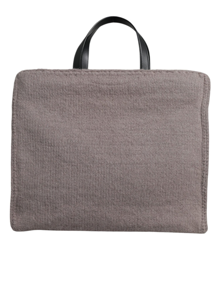 Grey Alpaca Wool Logo Plaque Tote Shoulder Bag