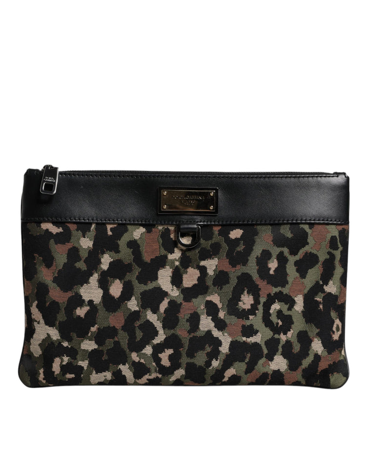 Multicolor Leopard Jacquard Print Logo Plaque Pouch Bag