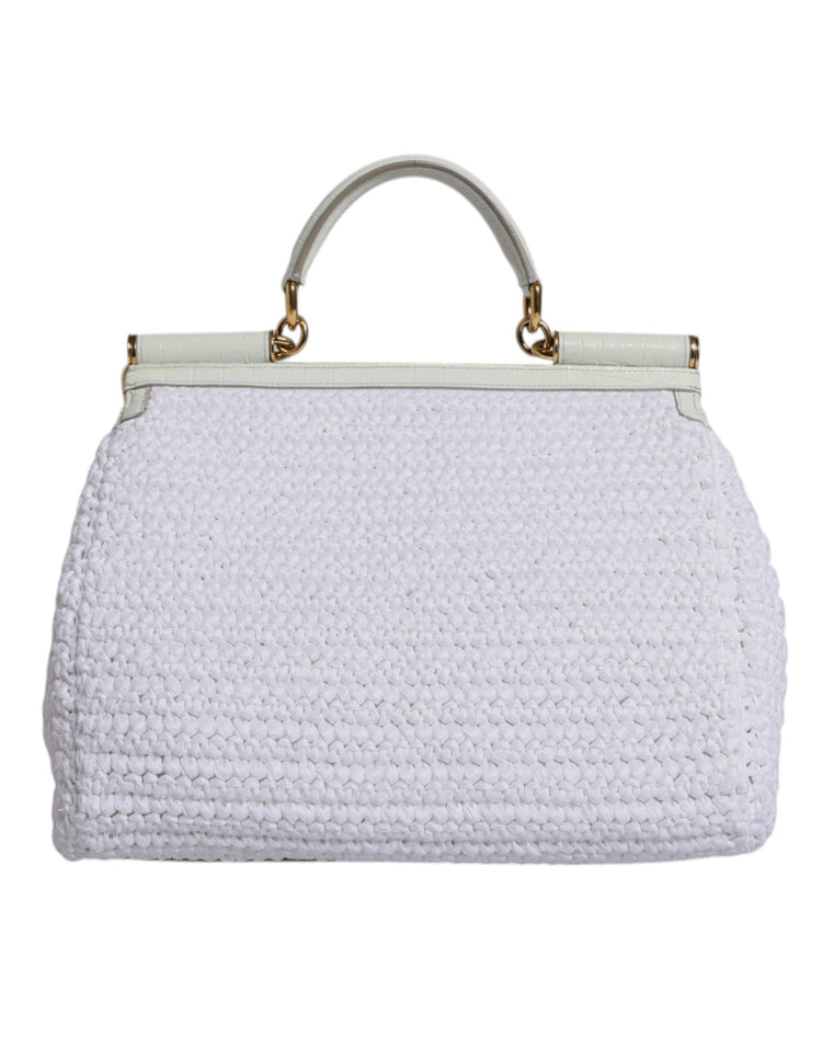 White Rafia Leather Top Handle Crossbody Bag