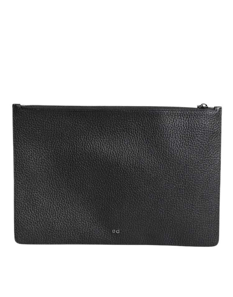 Black Calfskin Crown Embellished Clutch Pouch Bag