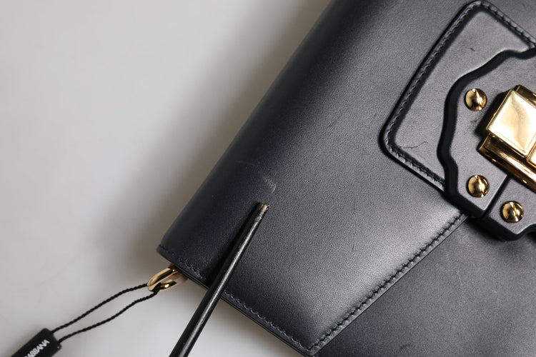 Black Leather Logo Gold Crossbody Purse Bag